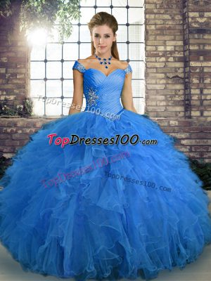 Discount Floor Length Blue Vestidos de Quinceanera Tulle Sleeveless Beading and Ruffles