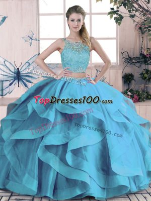 Super Scoop Sleeveless Vestidos de Quinceanera Floor Length Beading and Ruffles Blue Tulle