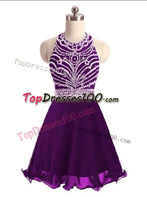 Eggplant Purple Lace Up Halter Top Beading Dress for Prom Chiffon Sleeveless
