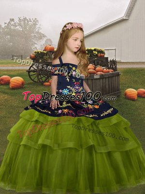 Olive Green Ball Gowns Embroidery Little Girl Pageant Gowns Lace Up Tulle Sleeveless Floor Length