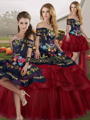 Sexy Wine Red Lace Up Off The Shoulder Embroidery and Ruffled Layers Quinceanera Dresses Tulle Sleeveless Brush Train
