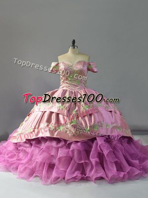 Sleeveless Embroidery and Ruffles Lace Up Quinceanera Dress with Lilac Chapel Train