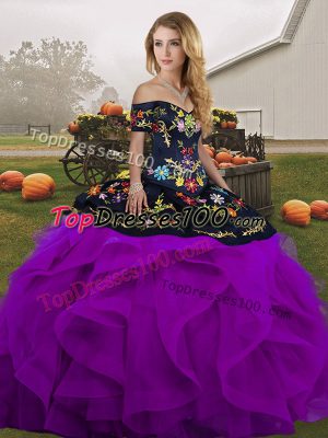 Dramatic Ball Gowns Quinceanera Gowns Black And Purple Off The Shoulder Tulle Sleeveless Floor Length Lace Up