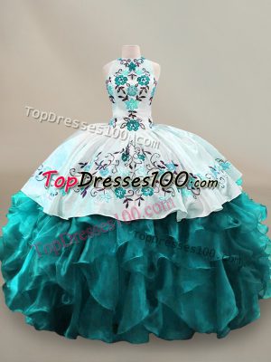 Fine Halter Top Sleeveless Lace Up Sweet 16 Dresses Teal Organza