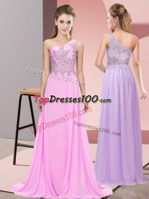 Floor Length Pink Prom Party Dress Chiffon Sleeveless Beading