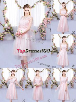 Sophisticated Tea Length Baby Pink Court Dresses for Sweet 16 V-neck Sleeveless Lace Up