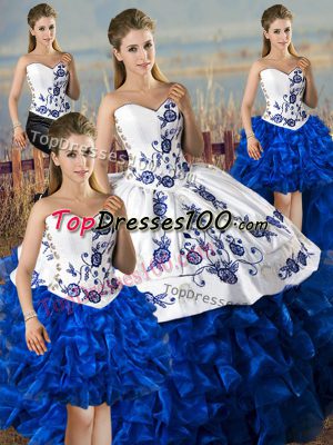 Fitting Floor Length Lace Up Vestidos de Quinceanera Blue And White for Sweet 16 and Quinceanera with Embroidery and Ruffles