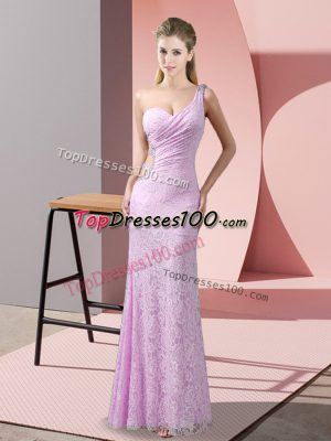 Fantastic Column/Sheath Lilac One Shoulder Lace Sleeveless Floor Length Criss Cross