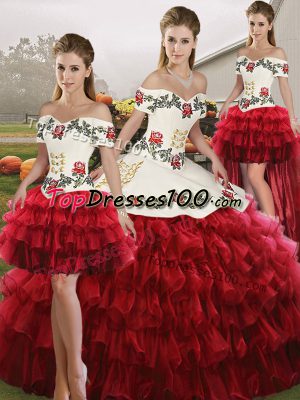 Dramatic Wine Red Lace Up Off The Shoulder Embroidery and Ruffled Layers 15 Quinceanera Dress Organza Sleeveless