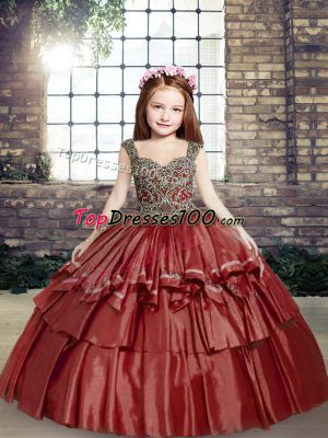 Floor Length Ball Gowns Sleeveless Red Kids Formal Wear Lace Up