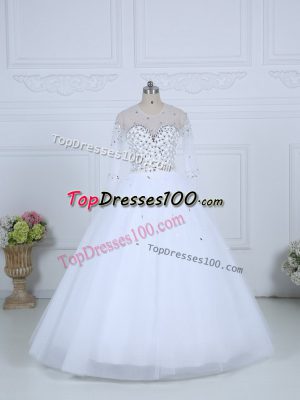 Dynamic Floor Length White Bridal Gown Scoop Long Sleeves Lace Up