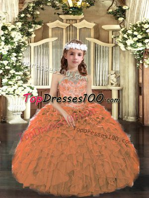 Beading and Ruffles Pageant Dress for Womens Orange Lace Up Sleeveless Floor Length
