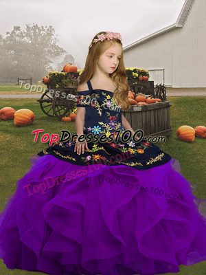 Beautiful Purple Straps Neckline Embroidery and Ruffles Pageant Dress Sleeveless Lace Up