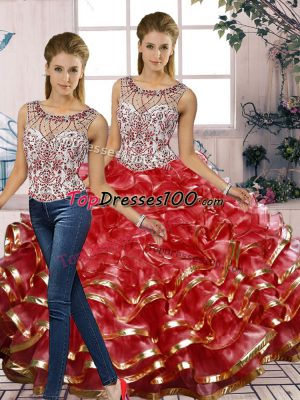 Red Organza Lace Up Scoop Sleeveless Floor Length Quince Ball Gowns Beading and Ruffles