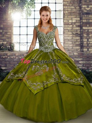 Pretty Floor Length Olive Green Quinceanera Gown Tulle Sleeveless Beading and Embroidery