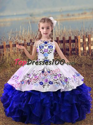 Royal Blue Ball Gowns Scoop Sleeveless Organza Floor Length Lace Up Embroidery and Ruffles Little Girl Pageant Gowns