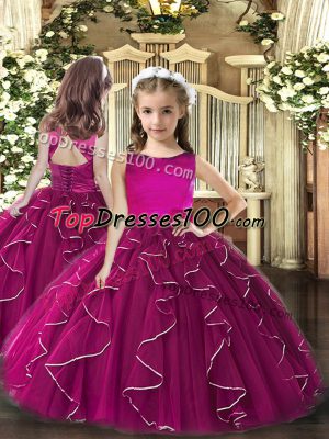 Fuchsia Lace Up Scoop Ruffles Little Girls Pageant Dress Wholesale Tulle Sleeveless