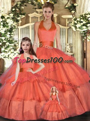 Sleeveless Floor Length Ruffled Layers Lace Up Quinceanera Gowns with Orange Red