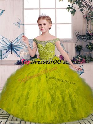 Sleeveless Floor Length Beading and Ruffles Lace Up Winning Pageant Gowns with Olive Green
