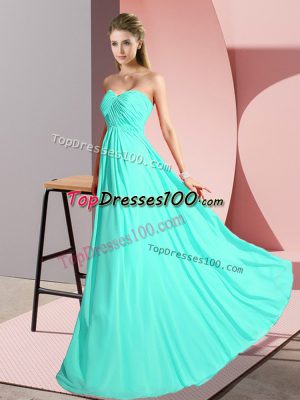 Turquoise Chiffon Lace Up Sweetheart Sleeveless Floor Length Ruching