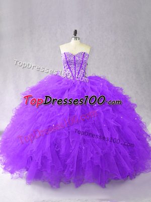 Pretty Purple Tulle Lace Up Sweetheart Sleeveless Floor Length Vestidos de Quinceanera Beading and Ruffles
