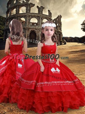 Sweet Floor Length Red Kids Pageant Dress Satin and Organza Sleeveless Embroidery and Ruffled Layers