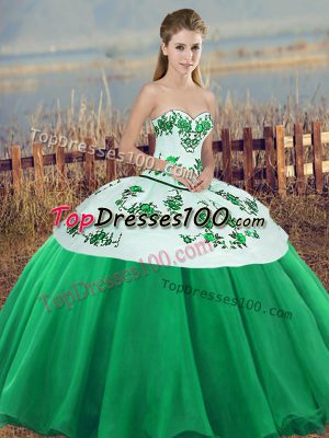 Sleeveless Tulle Floor Length Lace Up Quinceanera Dresses in Green with Embroidery and Bowknot