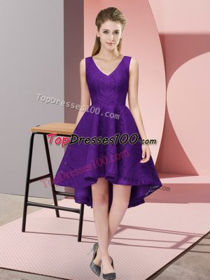 Purple V-neck Neckline Lace Bridesmaid Dresses Sleeveless Zipper
