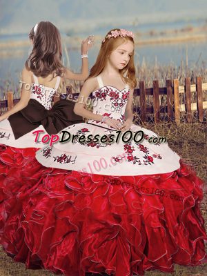 Floor Length Lace Up Child Pageant Dress Red for Party and Sweet 16 and Wedding Party with Embroidery and Ruffles