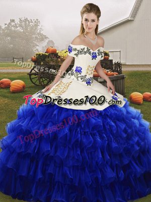 Adorable Floor Length Lace Up Quinceanera Gown Royal Blue for Military Ball and Sweet 16 and Quinceanera with Embroidery and Ruffled Layers
