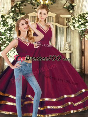 Fashionable Floor Length Burgundy 15th Birthday Dress Tulle Sleeveless Ruffled Layers