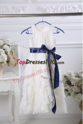 Shining White Scoop Neckline Ruffles and Belt Flower Girl Dresses Sleeveless Zipper