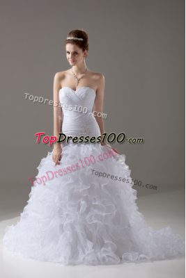 Beautiful White Organza Lace Up Bridal Gown Sleeveless Brush Train Beading and Ruffles