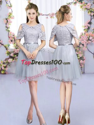 Sleeveless Mini Length Lace and Belt Zipper Bridesmaid Dress with Grey