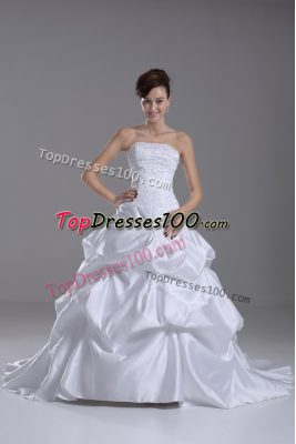 White Sleeveless Brush Train Beading and Pick Ups Wedding Dress