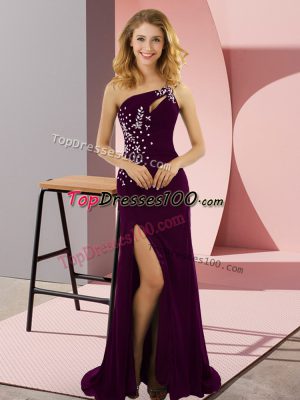Fabulous Dark Purple Column/Sheath Elastic Woven Satin One Shoulder Sleeveless Beading Lace Up Dress for Prom Sweep Train
