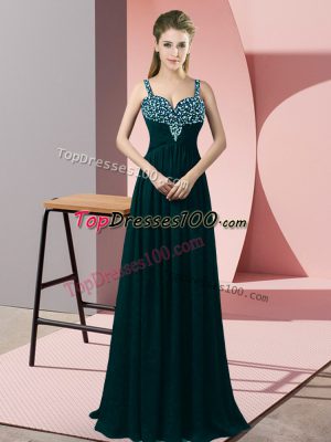 Peacock Green Empire Beading Prom Dress Zipper Chiffon Sleeveless Floor Length