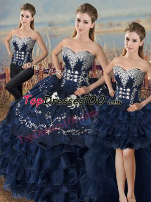 Edgy Navy Blue Satin and Organza Lace Up Sweetheart Sleeveless Quinceanera Dresses Embroidery and Ruffles