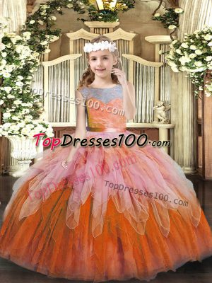 Sleeveless Tulle Floor Length Lace Up Evening Gowns in Multi-color with Lace and Ruffles