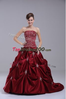 Spectacular Taffeta Strapless Sleeveless Brush Train Lace Up Beading and Embroidery Wedding Dress in Wine Red