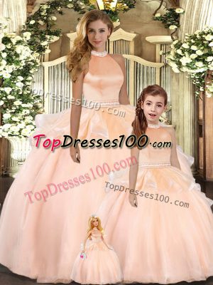 High End Peach Ball Gowns Halter Top Sleeveless Organza Floor Length Backless Beading Vestidos de Quinceanera