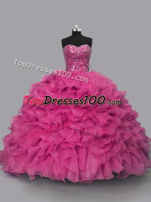 Chic Hot Pink Ball Gowns Beading Quince Ball Gowns Lace Up Organza Sleeveless Floor Length