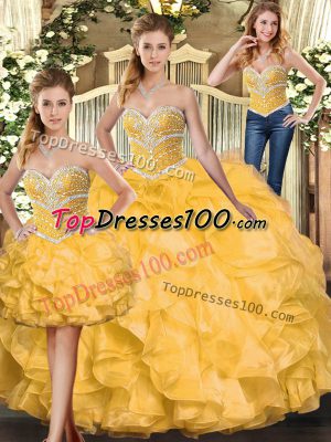 Charming Gold Lace Up Vestidos de Quinceanera Beading and Ruffles Sleeveless Floor Length