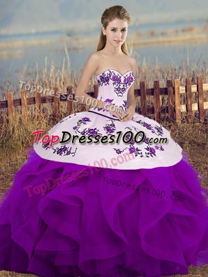 Tulle Sweetheart Sleeveless Lace Up Embroidery and Ruffles and Bowknot Sweet 16 Dress in White And Purple