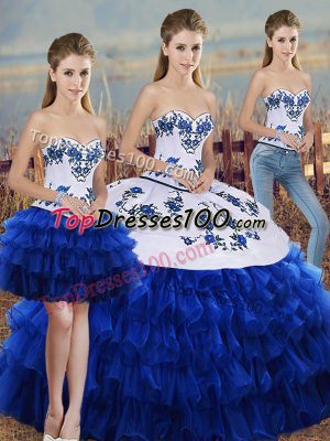 Sweetheart Sleeveless Ball Gown Prom Dress Floor Length Embroidery and Ruffled Layers and Bowknot Royal Blue Organza