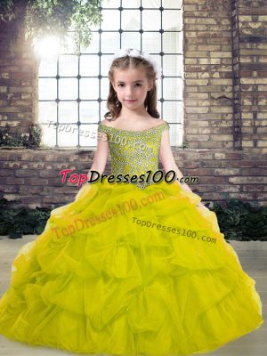 New Arrival Green Ball Gowns Off The Shoulder Sleeveless Tulle Floor Length Lace Up Beading Little Girl Pageant Gowns