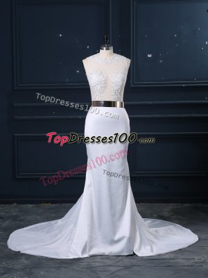 Sophisticated White Zipper Scoop Appliques and Sashes ribbons Wedding Dress Elastic Woven Satin Sleeveless Brush Train