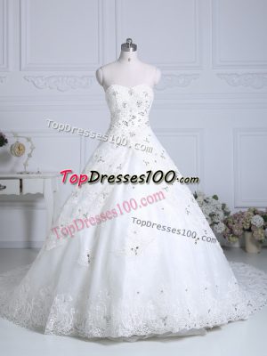 White Ball Gowns Sweetheart Sleeveless Tulle Chapel Train Lace Up Beading and Lace Wedding Gowns
