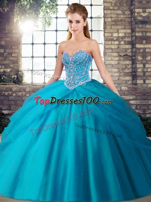 Aqua Blue Ball Gowns Sweetheart Sleeveless Tulle Brush Train Lace Up Beading and Pick Ups Quinceanera Dress