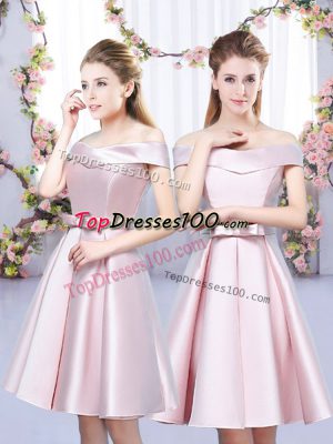 Baby Pink A-line Bowknot Bridesmaid Dress Lace Up Satin Sleeveless Mini Length